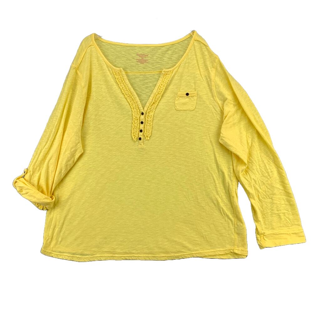 Northcrest Women Henley Long Sleeve Top Plus Size 2X Yellow Roll Tab Sleeve